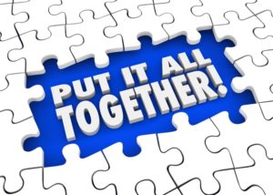 Put It All Together puzzle pieces solving mystery or problem by seeing the full or total picture